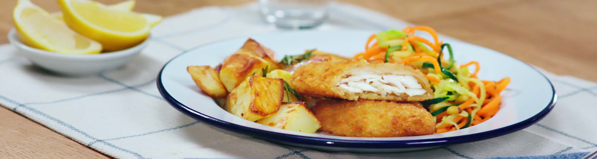 Gepaneerde vis met kleurrijke groentenoedels en geroosterde aardappelen