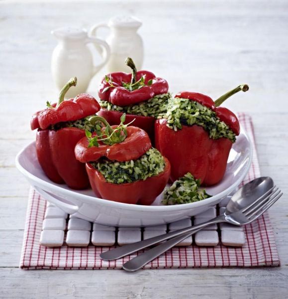 Gevulde paprika met rijst en Alpro spinazie